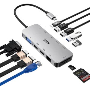 Adaptateur USB C vers 2 HDMI 4K, VGA 1080P, 4 USB Ports, RJ45 Gigabit Ethernet